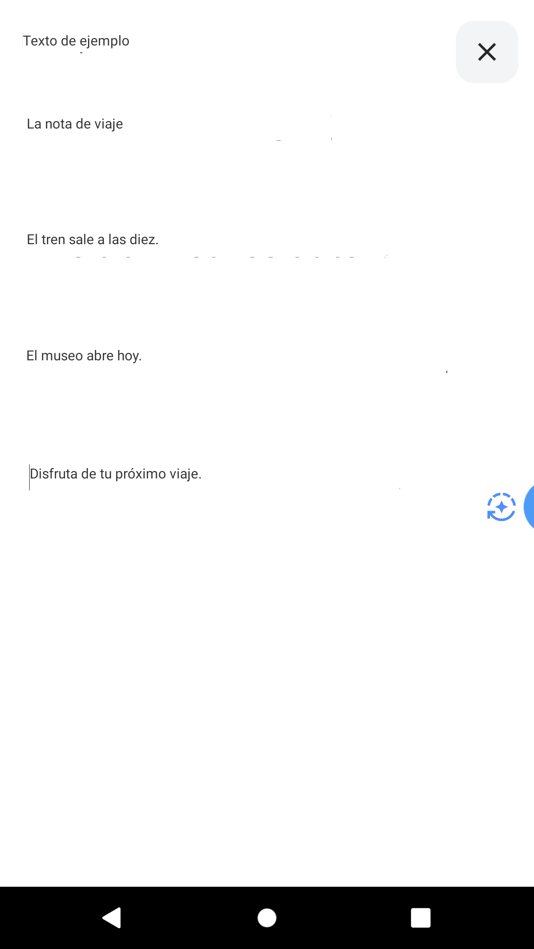 Spanish text from the travel example during an active Auto translation session