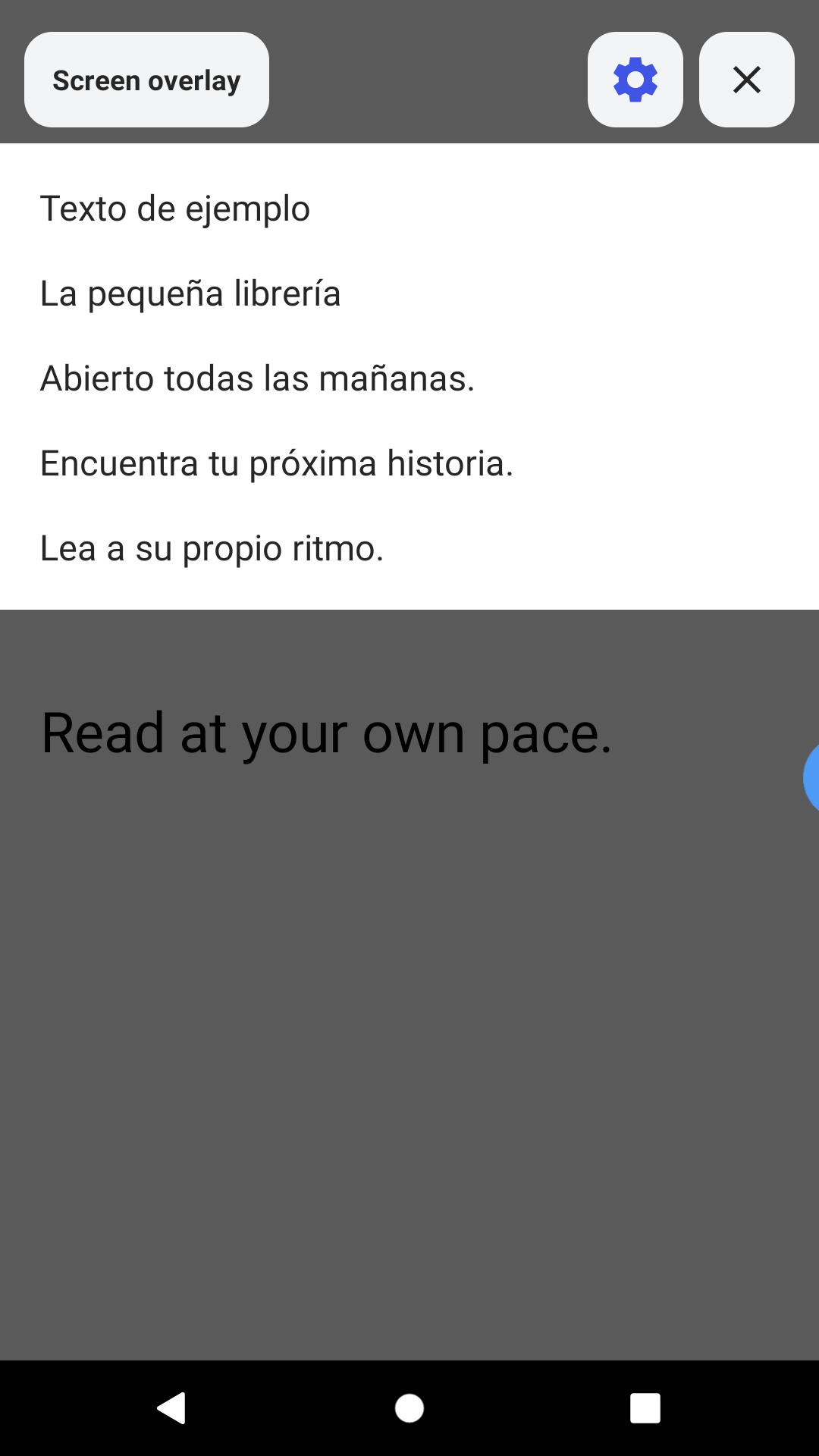 Spanish translation of the bookstore example in the app's opaque reading card